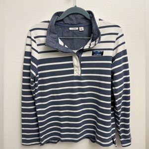 L.L. Bean Women’s S Blue White Preppy Coastal 1/4 Button Pullover 100% Cotton
